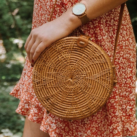Unbranded Handbags - Round Rattan Crossbody Shoulder Bag Purse Woven Brown Leather Strap Snap 8”